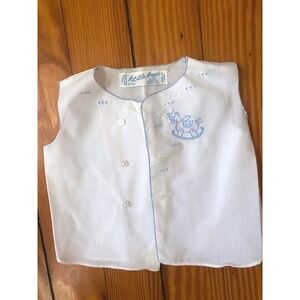 A‎ Little Angel Vintage Baby Shirt White Blue Rocking Horse Embroidered 0-3 M